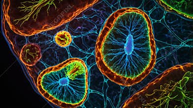 Confocal Microscopy Image of Mitochondria in a Living Cell Showcasing ATP Production in Glowing Fluorescence