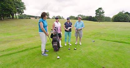 Male and female golf players wearing uniforms, holding clubs and talking on golf course