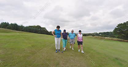 Male and female golf players talking and walking with clubs on golf course, copy space