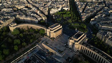Aerial view of the Palais de Chaillot in Paris, France during the sunrise