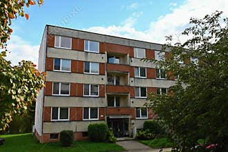 Original prefabricated houses on a housing estate from the communist era in Eastern and Central Europe after reconstruction..