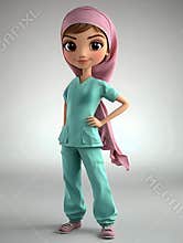 Confident female character in scrubs and hijab