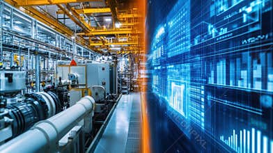 Smart factory, industrial automation and internet of things concept showing futuristic monitoring system displaying