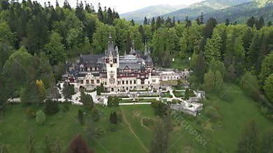 Peles Castle in Romania, captured by aerial drone shot.