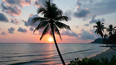 Beach sunset with palm trees silhouette, tropical evening scene stock footage Generative AI