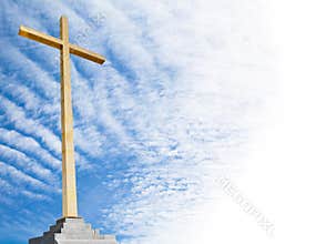 Christian cross with sky background. Religion template or frame.