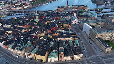 Aerial view of Stockholm old town. Flying over the bay. Amazing drone footage of Stockholm