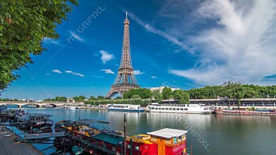 The Eiffel tower timelapse hyperlapse from waterfront at the river Seine in Paris