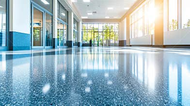 Gray epoxy covers the garage floor, which is embellished with colorful plastic chips, as seen in a panning left view