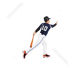 Baseball player hitting ball with bat and home run