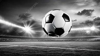 A soccer ball is in the air above a field