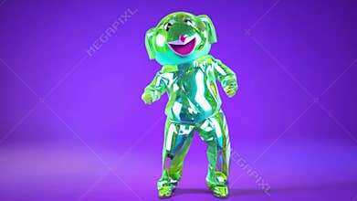 A green, smiling, dancing, animated character