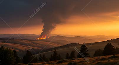 Wildfire Burning on a Hillside at Sunset with Smoke and Dramatic Orange Skies