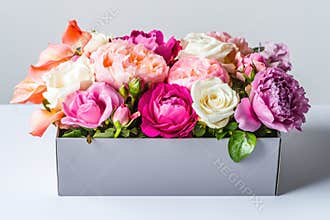 Beautiful arrangement of fresh roses and peonies in a sleek box on a clean white background showcasing exquisite floral