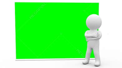 Cartoon man stays near blank banner with approval gesture