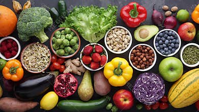 Healthy eating ingredients: fresh vegetables, fruits and superfood. Nutrition, diet, vegan food concept.