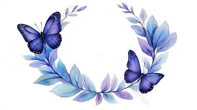 Purple floral frame clipart with butterflies on white background, focus covering all objects, deep depth of field