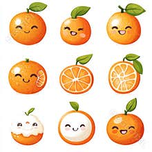 A set of cartoon oranges with smiling faces and green leaves