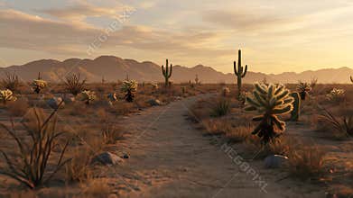 Desert Landscape With Cactuses Under Golden Sky And Mountains In Background