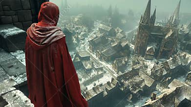 Mysterious Cloaked Figure Overlooking Medieval City in Winter ai generative