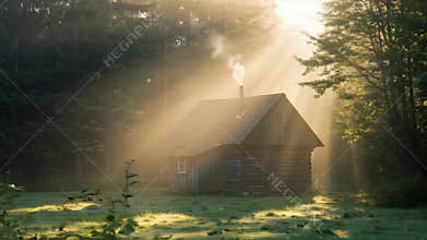 Wooden Cabin in a Lush Forest with Sun Rays Streaming Through the Trees at Dawn