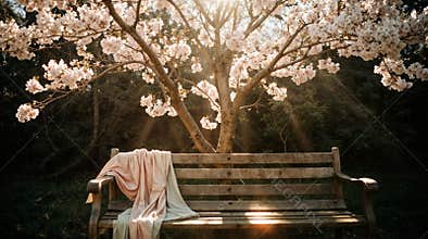 Vintage Film Photo: Wooden Bench with Pastel Blanket under Blooming Cherry Blossom Tree in Spring Sunlight