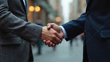 Close-up of business handshake, two businesspeople in suits. Successful business deal, partnership, negotiation, agreement. Urban