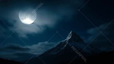 Majestic snowy mountain peak under moonlit cloudy night sky