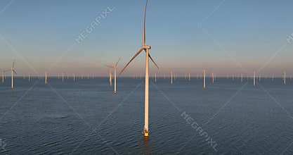 Windpark Frysland, IJsselmeer, near Breezanddijk. 89 WIndturbines, green energy, wind park built in an inland waterway. Close up