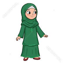 Smiling Cartoon Girl in Traditional Green Muslim Dress