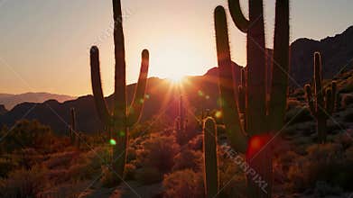 Majestic saguaro cacti stand tall against a vibrant desert sunset