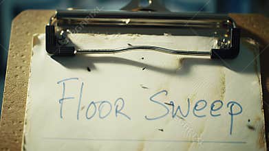 Distressed Clipboard with Floor Sweep Note Aged Metallic Clip Close Up on Worn Wooden Surface Brown White and Blue Colors