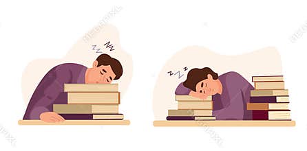 People sleep on books. Flat vector clipart, illustration