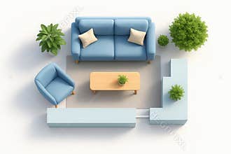 Serene living room arrangement featuring a comfortable blue sofa and accent chair with lush greenery