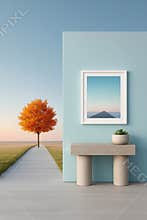 Serene pathway leads to vibrant autumn tree under a vast expansive sky with modern interior decor