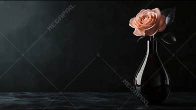 Peach rose blooming with lush leaves, elegantly positioned in a dark vase, contrasts beautifully against a moody background