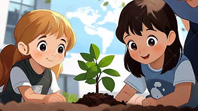 Children learn about sustainability while planting trees during Global Education Week at their school garden