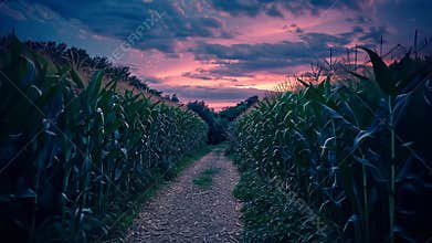 A winding path cuts through towering corn stalks under a vibrant twilight sky filled with