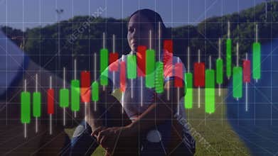 Woman athlete starting financial chart brightening pitch, kneeling, crouching teammates joining