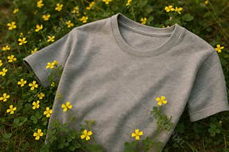 minimalist plain grey t shirt resting on green grass among small blooming yellow wildflowers in natural outdoor setting, AI