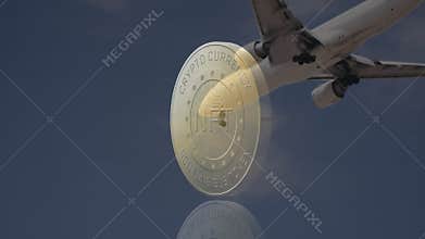 Upon NFT coin spinning while jet descending, mirroring circuitry patterns on golden surface