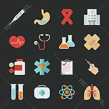 Medical and health icons with black background