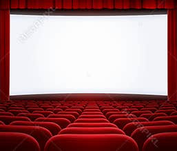 Cinema big screen with red curtain and seats