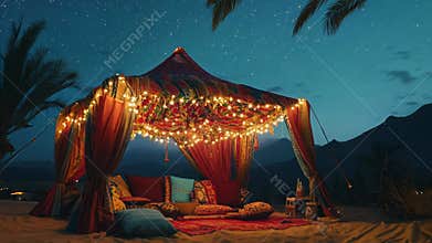 A cozy Ramadan tent adorned with colorful fabrics and fairy lights, surrounded by palm trees under a clear night sky