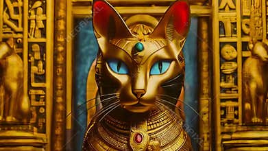 Golden Egyptian magical divine cat, cat in the temple of the Egyptian goddess Bastet