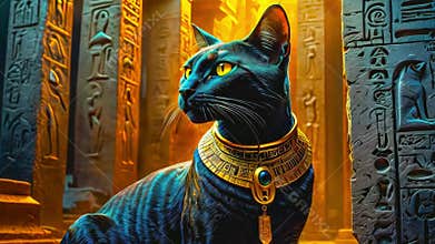 Golden Egyptian magical divine cat, cat in the temple of the Egyptian goddess Bastet