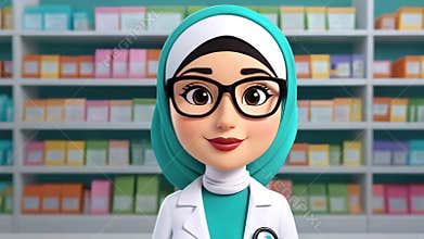 A vibrant, animated female pharmacist working in a pharmacy, showcasing her expertise and care