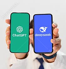 OpenAI ChatGPT vs Deepseek competition in the field of Artificial Intelligence concept background, illustrative editorial. Person