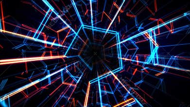 Bright science fiction tunnel with illuminated patterns made of blue and orange neon light lines