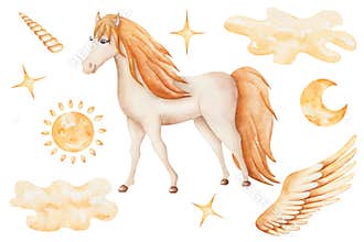 Watercolor set of illustrations. Hand painted horse and sun, moon, stars, clouds, crescent in yellow, golden colors. Pegasus wings